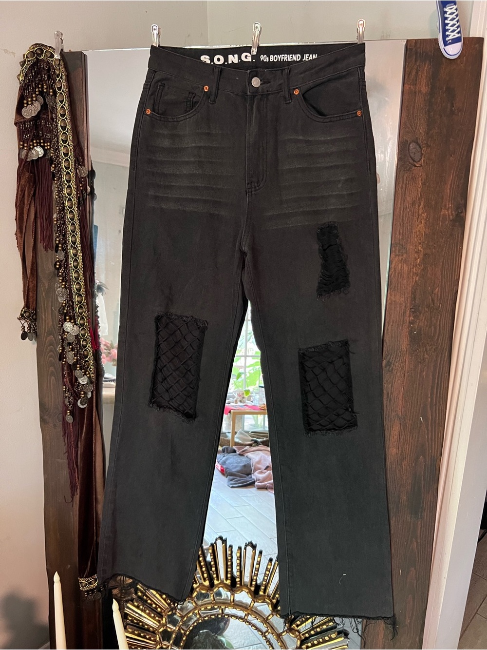 S.O.N.G. Black Distressed Boyfriend Jeans with Fishnet Patches Size 29